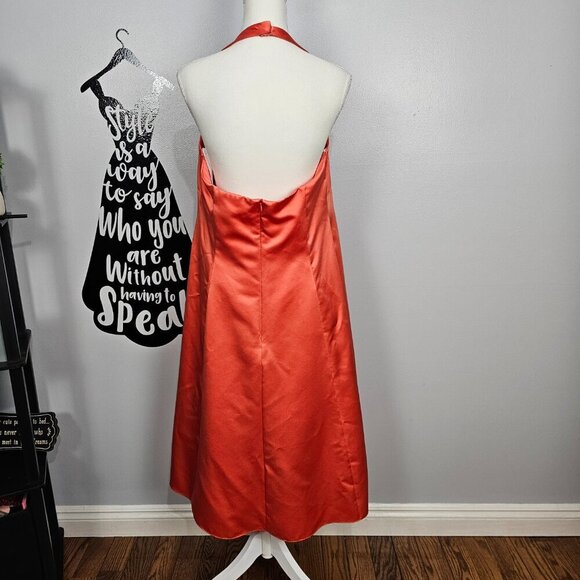 David's Bridal Halter Embellished A-Line Full Tangerine Midi Bridal Prom Gown - Picture 6 of 9